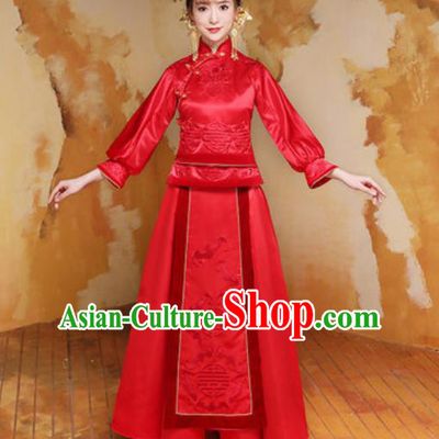 Traditional Chinese Wedding Bride Costumes Ancient Embroidered Red Dress for Women