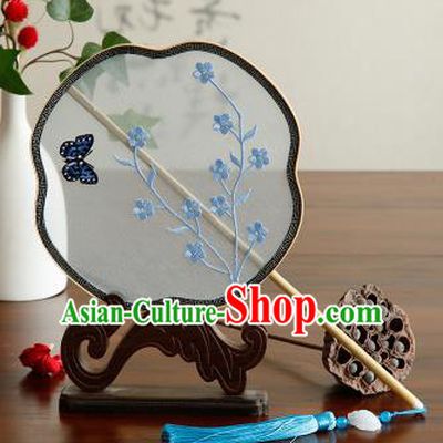 Traditional Chinese Crafts Palace Fans Embroidered Blue Flowers Fans Ancient Organza Fan for Women