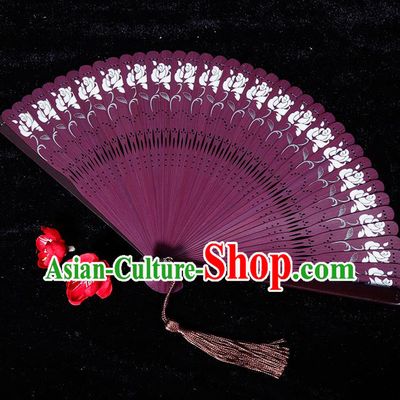 Chinese Traditional Crafts Purple Bamboo Folding Fans Pierced Fans Accordion Fan