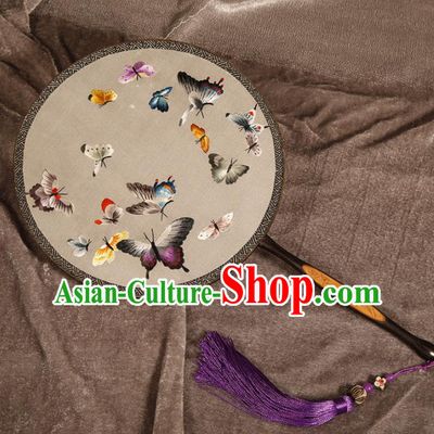 Chinese Traditional Hanfu Palace Fans Embroidered Butterfly Fans Ancient Silk Round Fan for Women