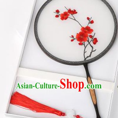 Chinese Traditional Palace Fans Embroidered Red Wintersweet Fans Ancient Hanfu Silk Round Fan for Women