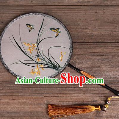 Chinese Traditional Palace Fans Embroidered Orchid Fans Ancient Hanfu Silk Round Fan for Women