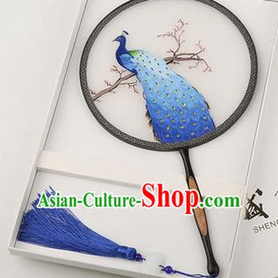 Chinese Traditional Palace Fans Embroidered Peacock Fans Ancient Hanfu Silk Round Fan for Women