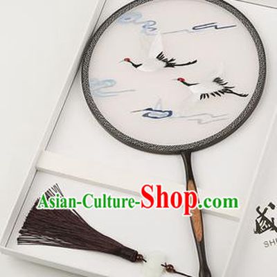 Chinese Traditional Palace Fans Embroidered Cranes Fans Ancient Hanfu Silk Round Fan for Women