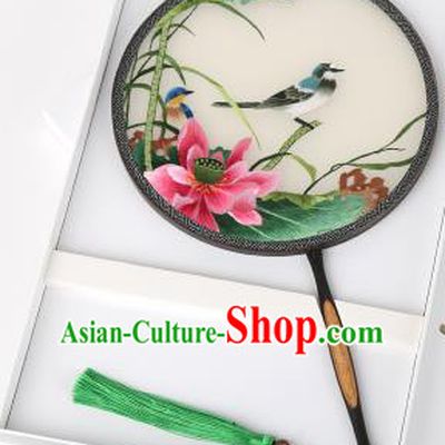 Chinese Traditional Palace Fans Embroidered Pink Lotus Fans Ancient Hanfu Silk Round Fan for Women