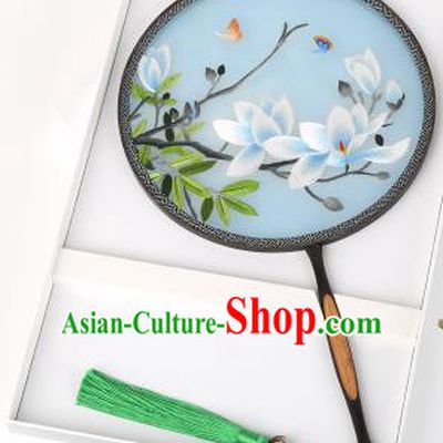 Chinese Traditional Palace Fans Embroidered Magnolia Flowers Fans Ancient Hanfu Silk Round Fan for Women