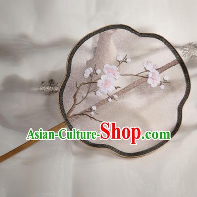 Chinese Traditional Palace Fans Hanfu Embroidered White Wintersweet Round Fans Ancient Silk Fan for Women