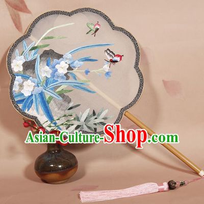 Chinese Ancient Princess Round Fan Traditional Embroidered Orchid Palace Fans Hanfu Silk Fans for Women
