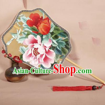 Chinese Ancient Princess Round Fan Traditional Embroidered Peony Palace Fans Hanfu Silk Fans for Women
