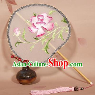Chinese Ancient Princess Palace Fan Traditional Embroidered Pink Peony Hanfu Silk Fans for Women