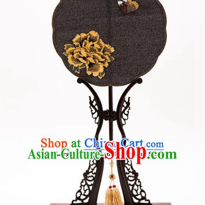 Chinese Ancient Princess Hanfu Palace Fan Traditional Embroidered Peony Black Pure Silk Round Fans for Women