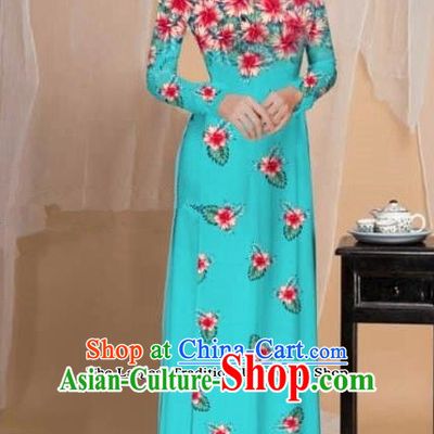 Asian Vietnam Traditional Printing Flowers Green Cheongsam Vietnamese Classical Ao Dai Qipao Dress for Women