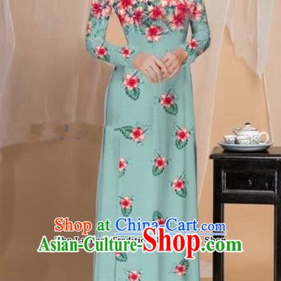 Asian Vietnam Traditional Printing Flowers Light Blue Cheongsam Vietnamese Classical Ao Dai Qipao Dress for Women