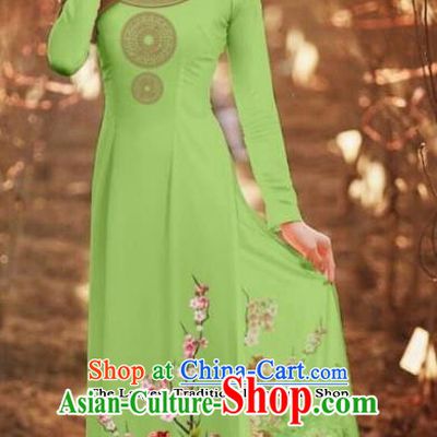 Asian Vietnam Traditional Printing Peony Green Cheongsam Vietnamese Classical Ao Dai Qipao Dress for Women