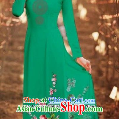 Asian Vietnam Traditional Printing Peony Deep Green Cheongsam Vietnamese Classical Ao Dai Qipao Dress for Women
