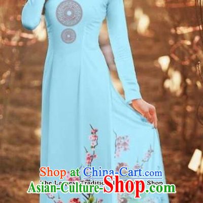 Asian Vietnam Traditional Printing Peony Blue Cheongsam Vietnamese Classical Ao Dai Qipao Dress for Women