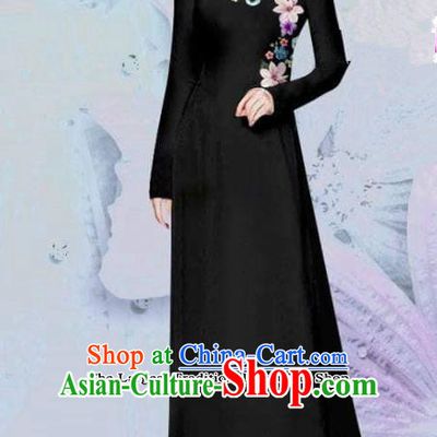 Asian Vietnam Traditional Cheongsam Vietnamese Classical Black Ao Dai Qipao Dress for Women