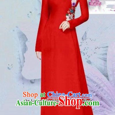 Asian Vietnam Traditional Cheongsam Vietnamese Classical Red Ao Dai Qipao Dress for Women