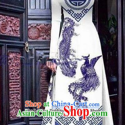 Asian Vietnam Traditional Printing Phoenix White Cheongsam Vietnamese Ao Dai Qipao Dress for Women