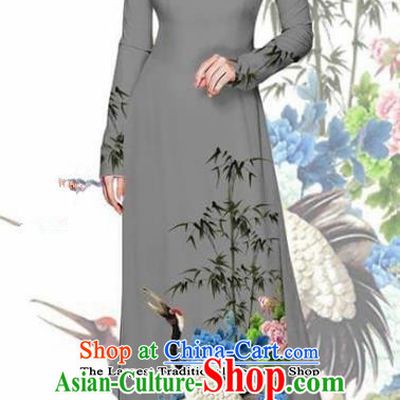 Asian Vietnam Traditional Printing Crane Peony Grey Cheongsam Vietnamese Ao Dai Qipao Dress for Women