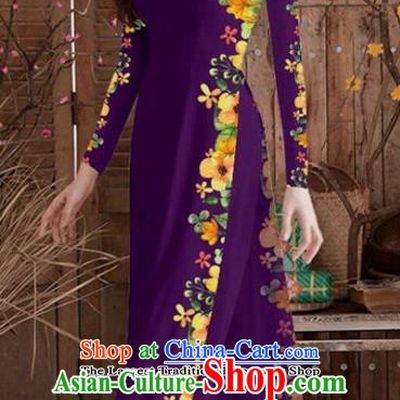 Asian Vietnam Traditional Printing Cheongsam Vietnamese Purple Ao Dai Qipao Dress for Women