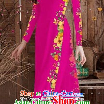Asian Vietnam Traditional Printing Cheongsam Vietnamese Rosy Ao Dai Qipao Dress for Women