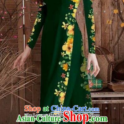 Asian Vietnam Traditional Printing Cheongsam Vietnamese Atrovirens Ao Dai Qipao Dress for Women