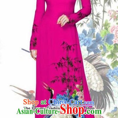 Asian Vietnam Traditional Printing Crane Peony Rosy Cheongsam Vietnamese Ao Dai Qipao Dress for Women