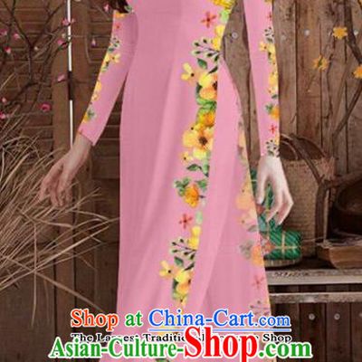 Asian Vietnam Traditional Printing Cheongsam Vietnamese Pink Ao Dai Qipao Dress for Women