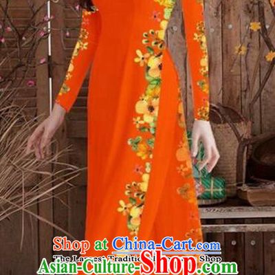 Asian Vietnam Traditional Printing Cheongsam Vietnamese Orange Ao Dai Qipao Dress for Women