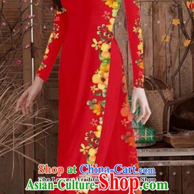 Asian Vietnam Traditional Printing Cheongsam Vietnamese Red Ao Dai Qipao Dress for Women