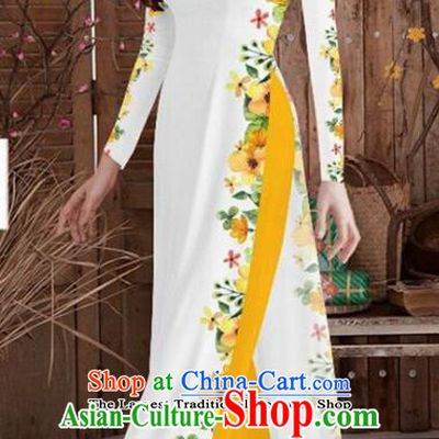 Asian Vietnam Traditional Printing Cheongsam Vietnamese White Ao Dai Qipao Dress for Women
