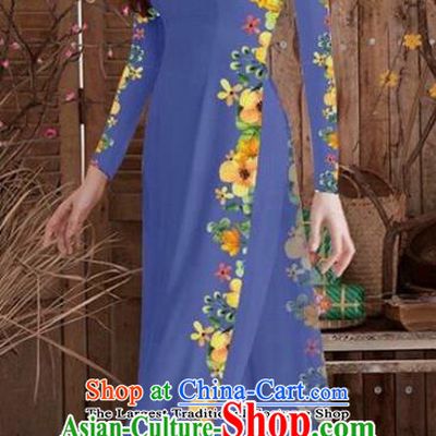 Asian Vietnam Traditional Printing Cheongsam Vietnamese Navy Ao Dai Qipao Dress for Women