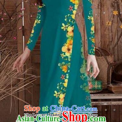 Asian Vietnam Traditional Printing Cheongsam Vietnamese Peacock Green Ao Dai Qipao Dress for Women