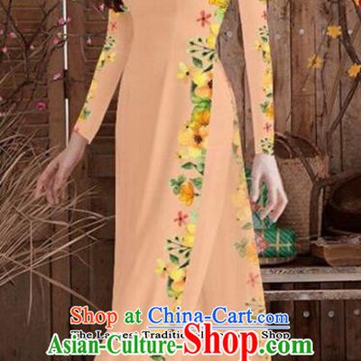 Asian Vietnam Traditional Printing Cheongsam Vietnamese Champagne Ao Dai Qipao Dress for Women