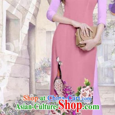 Asian Vietnam Traditional Peach Pink Cheongsam Vietnamese Printing Peacock Ao Dai Qipao Dress for Women