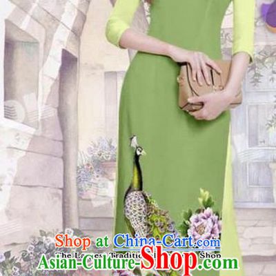 Asian Vietnam Traditional Olive Green Cheongsam Vietnamese Printing Peacock Ao Dai Qipao Dress for Women