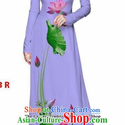 Asian Vietnam Traditional Lilac Cheongsam Vietnamese Printing Lotus Ao Dai Qipao Dress for Women