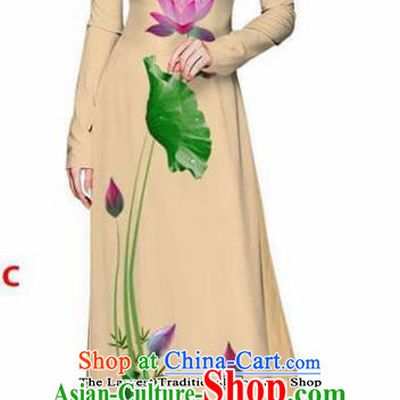 Asian Vietnam Traditional Khaki Cheongsam Vietnamese Printing Lotus Ao Dai Qipao Dress for Women