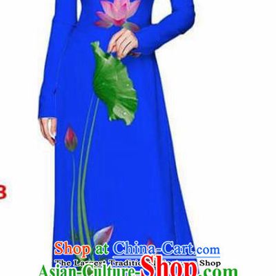 Asian Vietnam Traditional Royalblue Cheongsam Vietnamese Printing Lotus Ao Dai Qipao Dress for Women