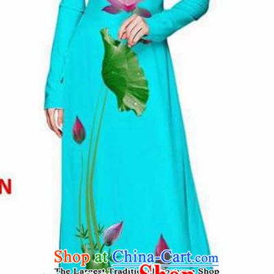 Asian Vietnam Traditional Blue Cheongsam Vietnamese Printing Lotus Ao Dai Qipao Dress for Women
