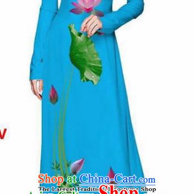 Asian Vietnam Traditional Lake Blue Cheongsam Vietnamese Printing Lotus Ao Dai Qipao Dress for Women
