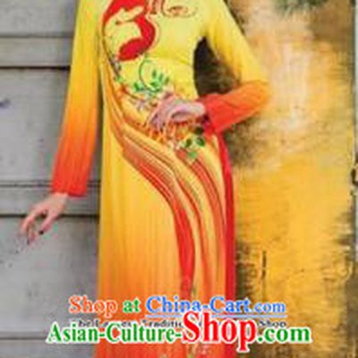 Asian Vietnam Traditional Printing Orange Cheongsam Vietnamese Ao Dai Qipao Dress for Women