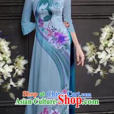 Asian Vietnam Traditional Printing Blue Cheongsam Vietnamese Ao Dai Qipao Dress for Women
