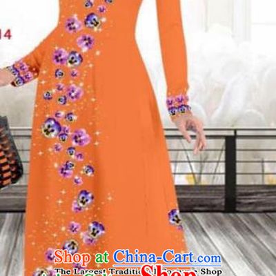 Asian Vietnam Traditional Female Costume Vietnamese Printing Orange Cheongsam Ao Dai Qipao Dress for Women