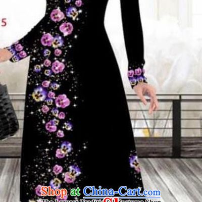 Asian Vietnam Traditional Female Costume Vietnamese Printing Black Cheongsam Ao Dai Qipao Dress for Women