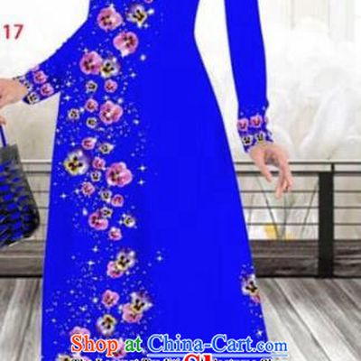 Asian Vietnam Traditional Female Costume Vietnamese Printing Royalblue Cheongsam Ao Dai Qipao Dress for Women