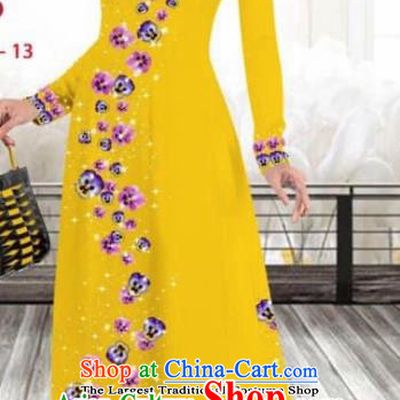 Asian Vietnam Traditional Female Costume Vietnamese Printing Ginger Cheongsam Ao Dai Qipao Dress for Women