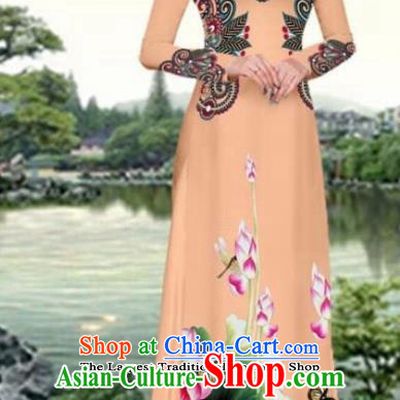 Asian Traditional Vietnam Female Costume Vietnamese Printing Lotus Khaki Cheongsam Ao Dai Qipao Dress for Women