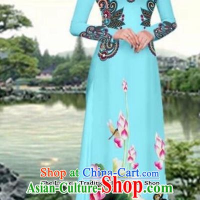 Asian Traditional Vietnam Female Costume Vietnamese Printing Lotus Blue Cheongsam Ao Dai Qipao Dress for Women